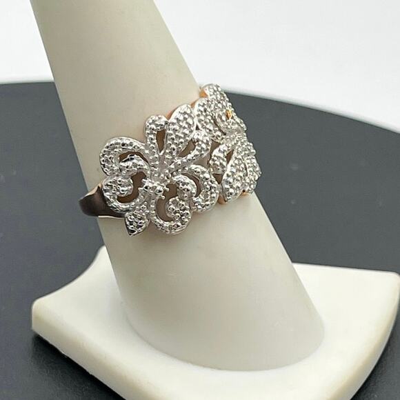 D'Joy Sterling Silver Rose Gold Fleur-de-Lis Diamond Accent Flower Ring Size 8.5 - Picture 1 of 8